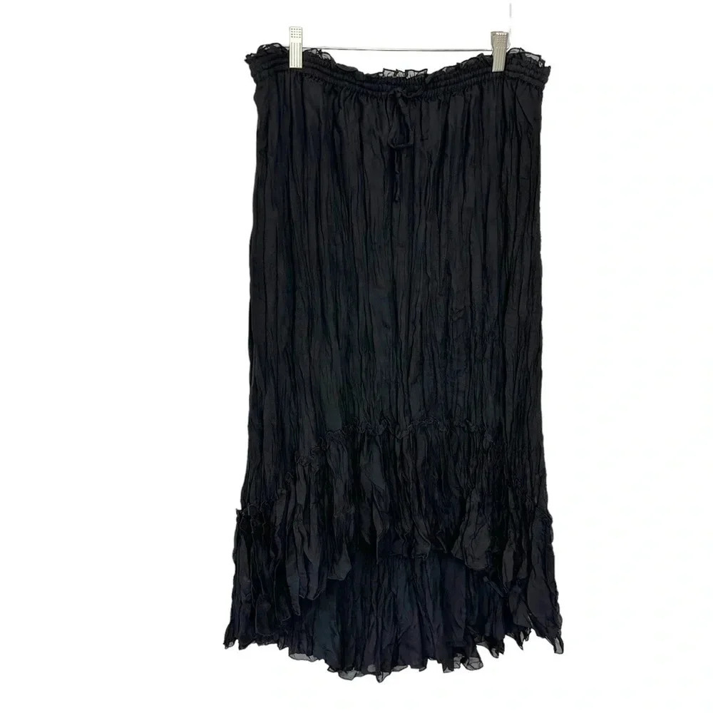INC International Concepts Midi Skirt L Black Crinkle High Low Ruffle Boho